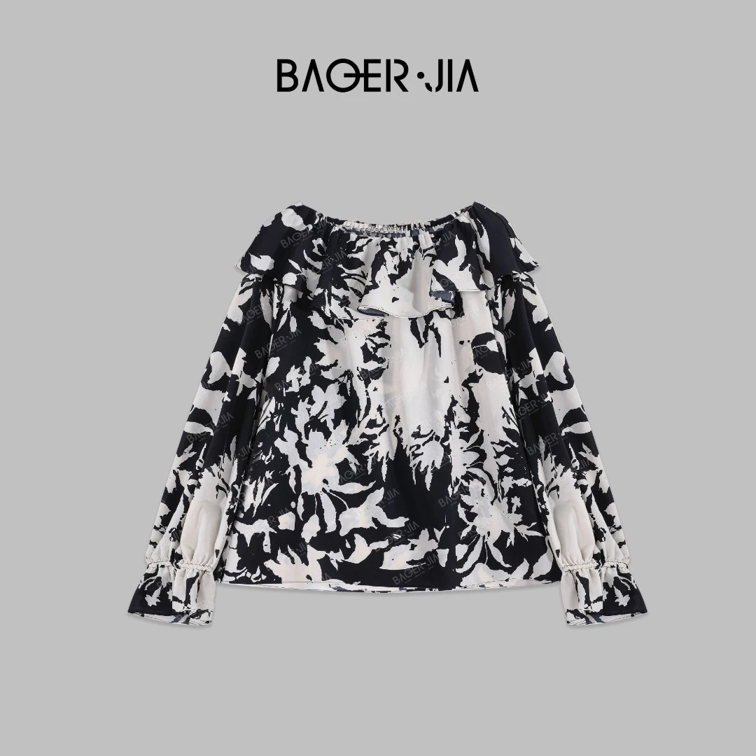 1-【水墨】宝儿家BK33824204夏季新款时尚休闲女士薄款宽松印花衬衫