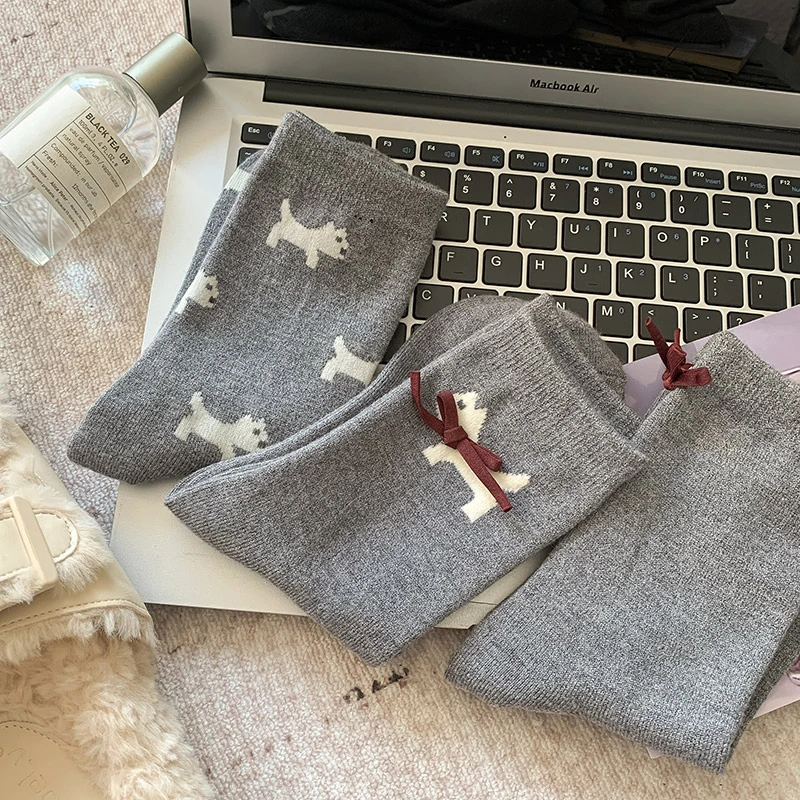 灰色兔绒袜子女冬季加厚加绒中筒堆堆袜韩版ins风狗狗蝴蝶结女袜