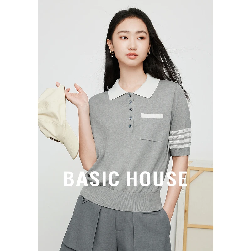 Basic House/百家好夏季短款休闲设计感翻领毛针织衫-B0624H5L082