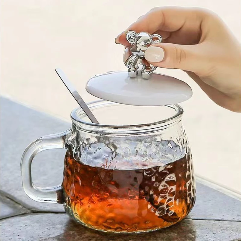 ins风可爱耐热玻璃水杯女生高颜值小熊玻璃杯带盖勺办公室早餐杯