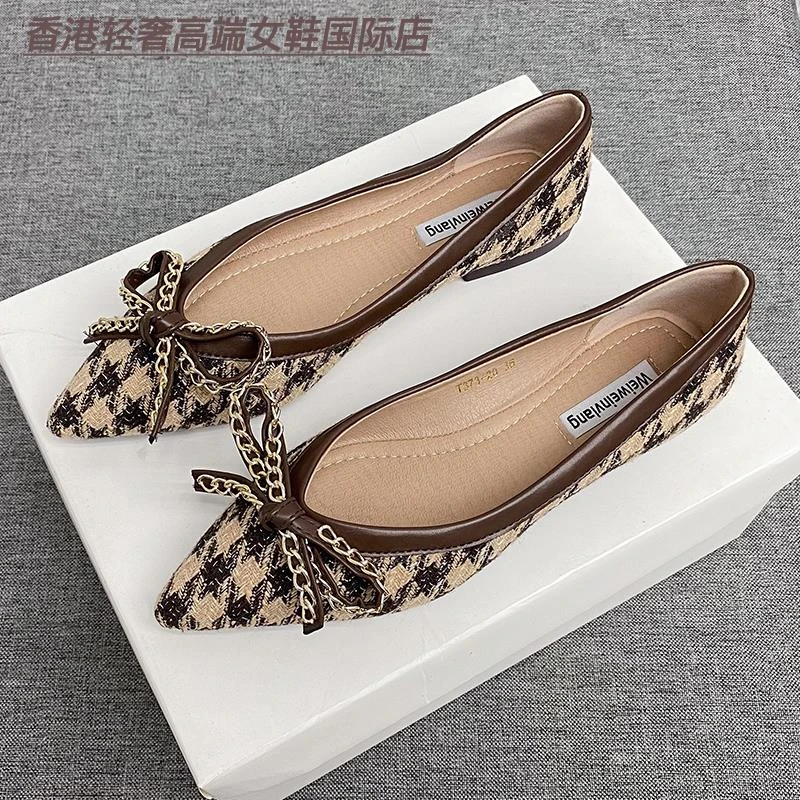 香港尖头平底女单鞋2025新款千鸟格蝴蝶结淑女鞋舒适百搭软底四季