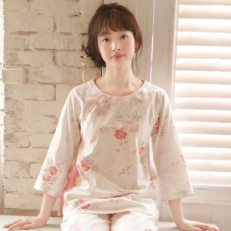 睡衣女款夏季纯棉纱布2025新款新中式国风七分袖甜美家居服两件套