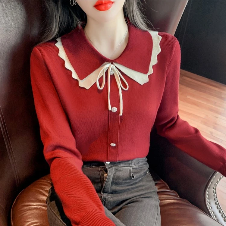 打底衫女秋冬23新款娃娃领针织衫时髦时尚洋气高级感软糯毛衣 女