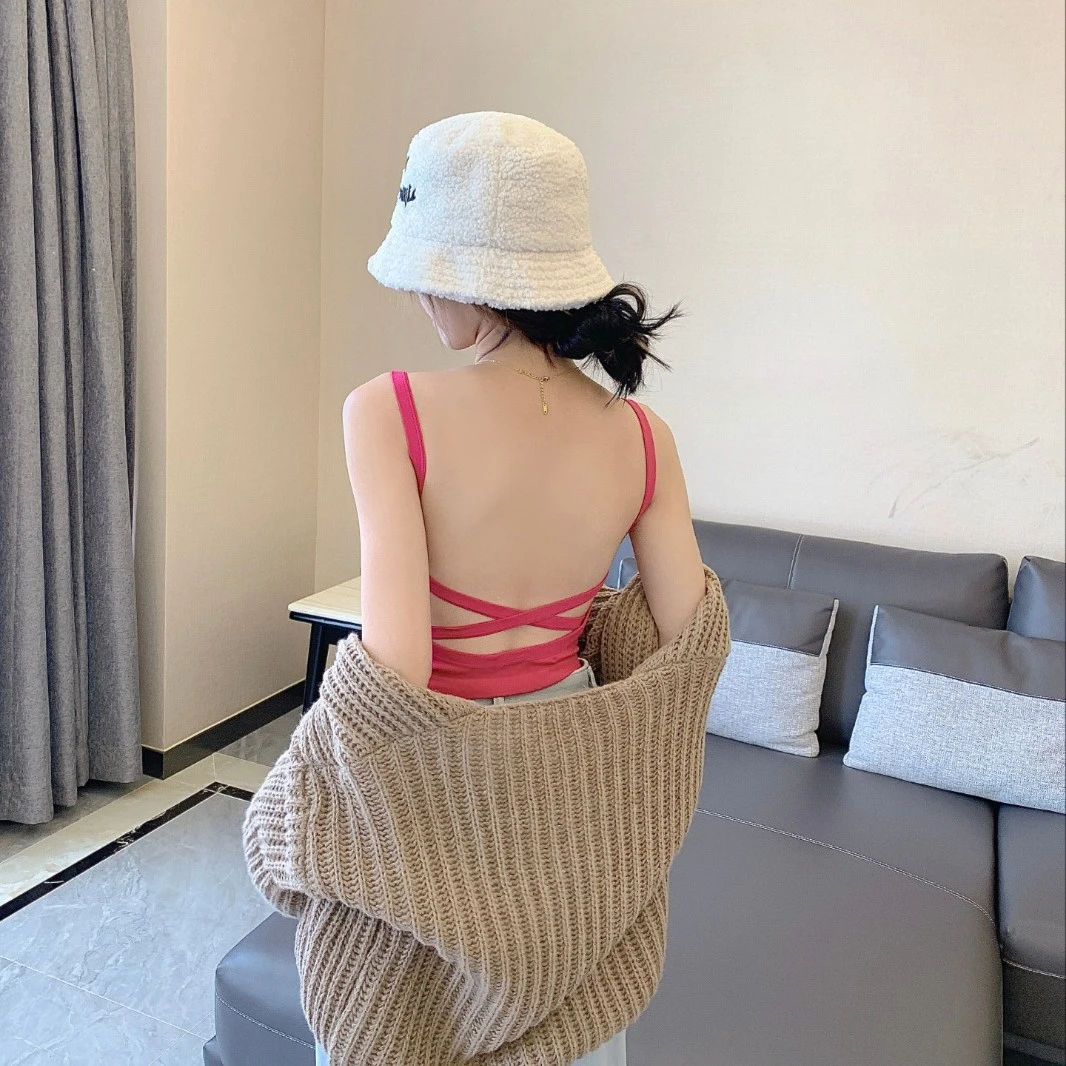 纯欲风辣妹美背吊带露背性感夏季外搭带胸垫打底交叉背心女短款