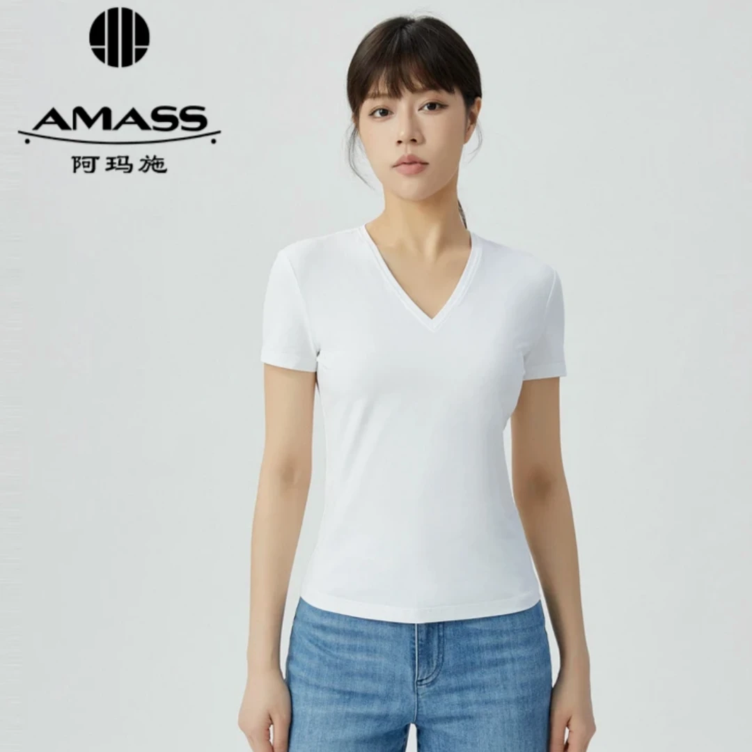 【阿玛施 AMASS】阿玛施 基础T恤V领5300424纯色透气修身白色女士