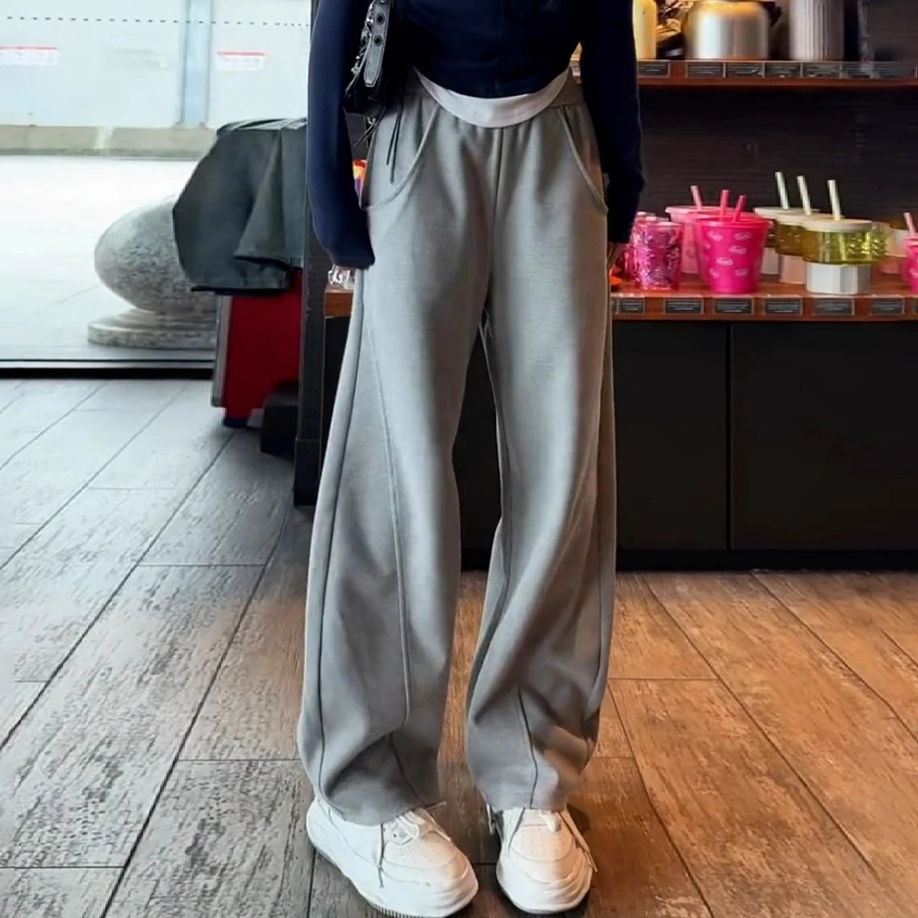 灰色加绒加厚卫裤女2025春秋新款松紧高腰阔腿裤宽松香蕉裤