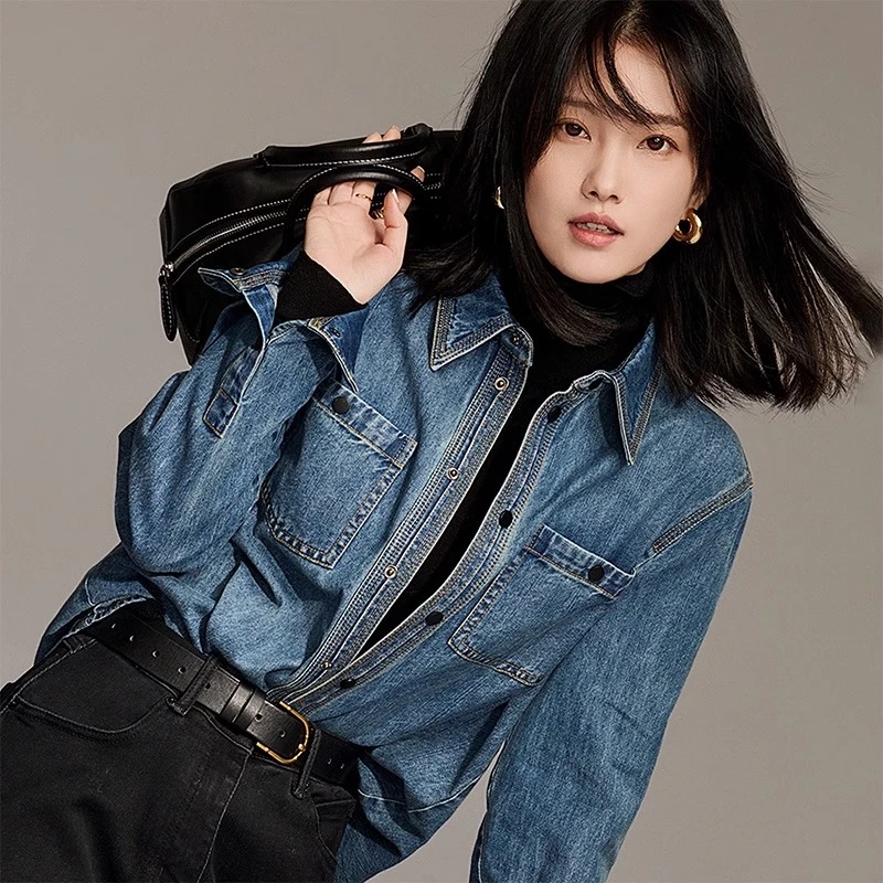 德丽妮欧货小衫小个子超好看蓝色牛仔衬衫外套女春秋2025新款爆款