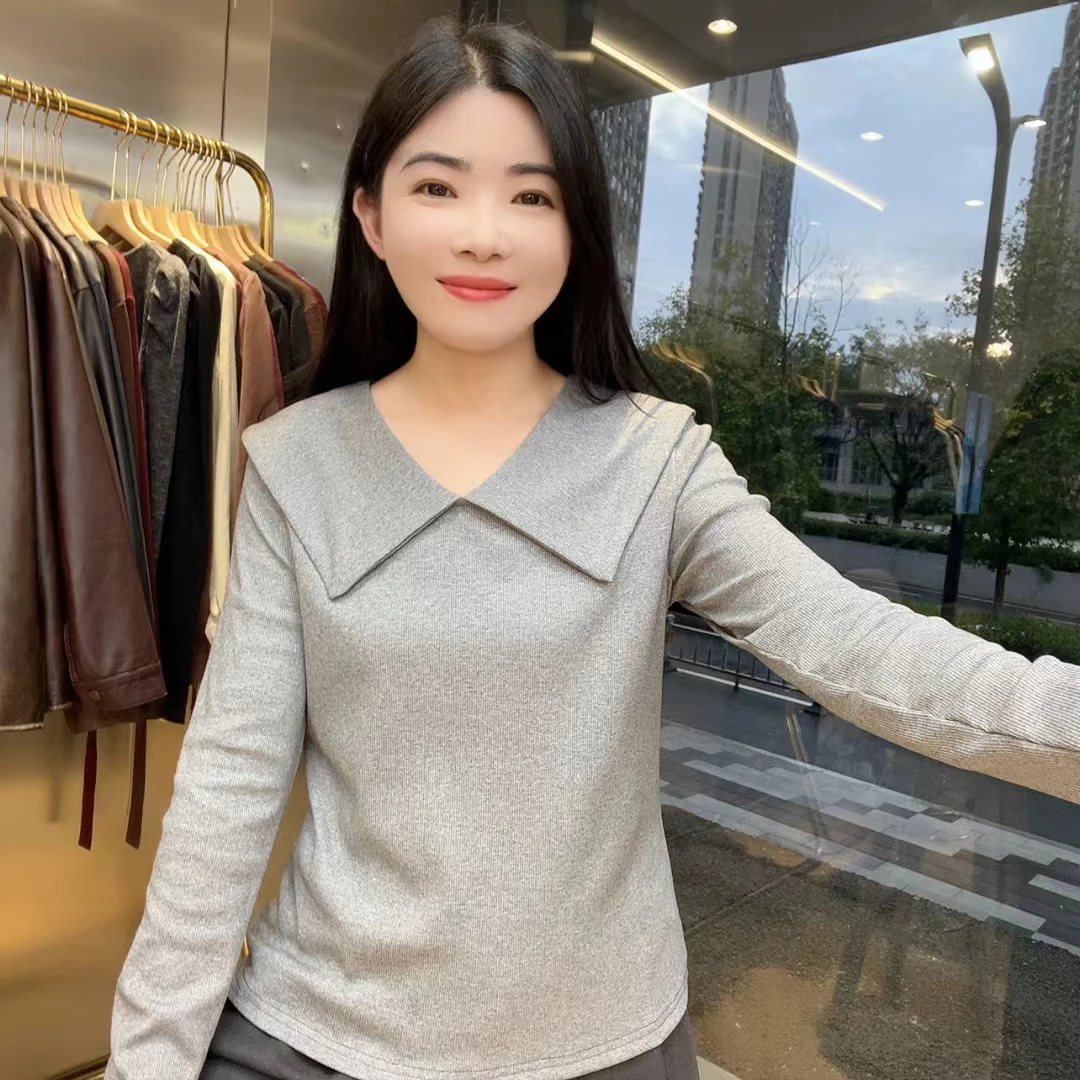 QC 241983 翻领韩系打底衫纯色时尚长袖