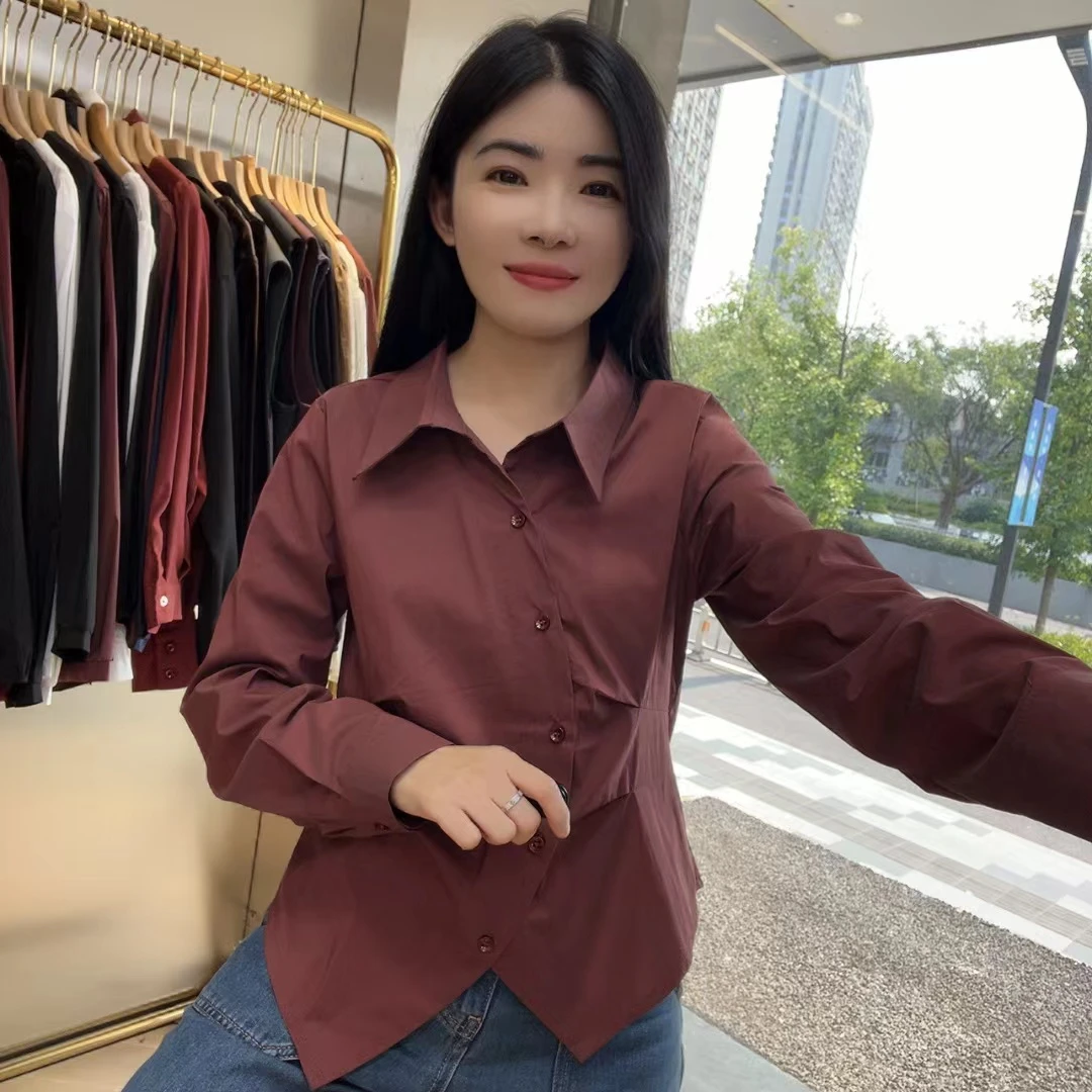 QC 241887法式高级感不规则褶皱显瘦长袖衬衫