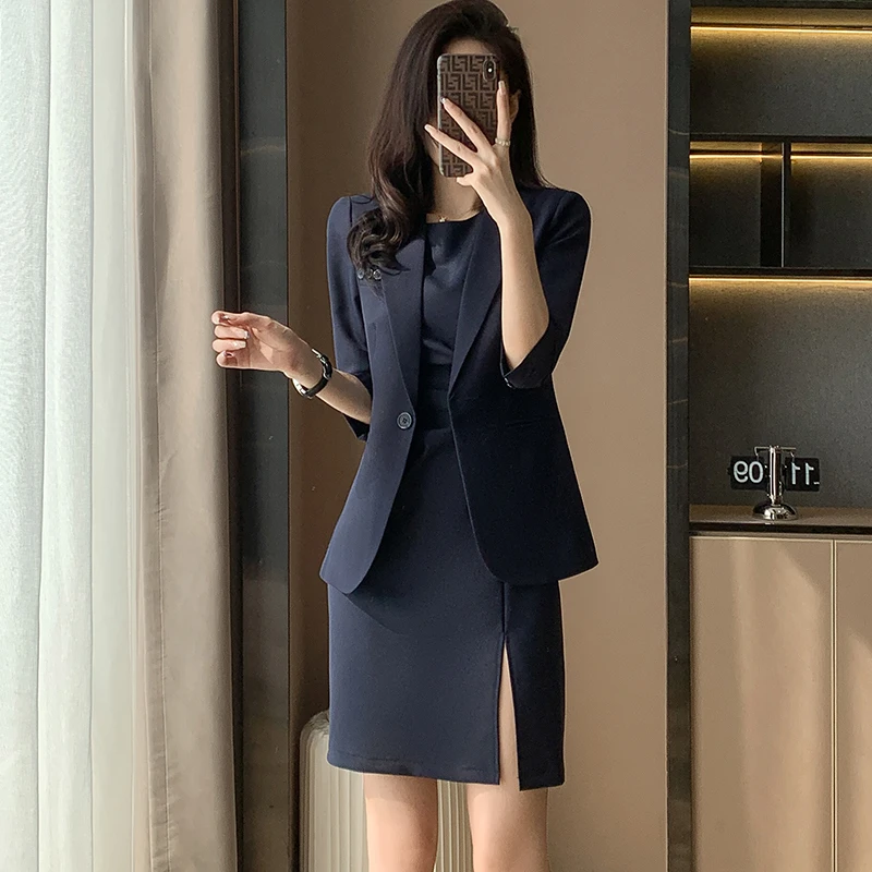 高级感西装套装裙女两件套夏季工作服气质正装职业连衣裙西服外套