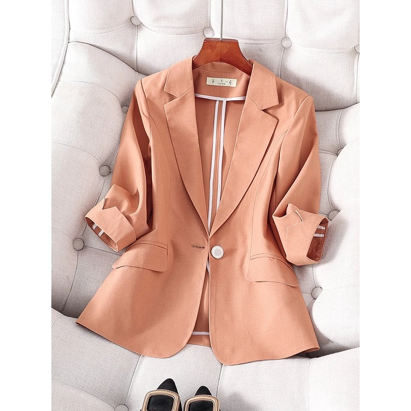 橙色小西装外套女夏季薄款2025新款小个子休闲修身七分袖西服上衣