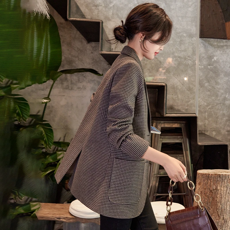 千鸟格西装外套女春秋2023新款加厚女士休闲格子小西服上衣秋冬季