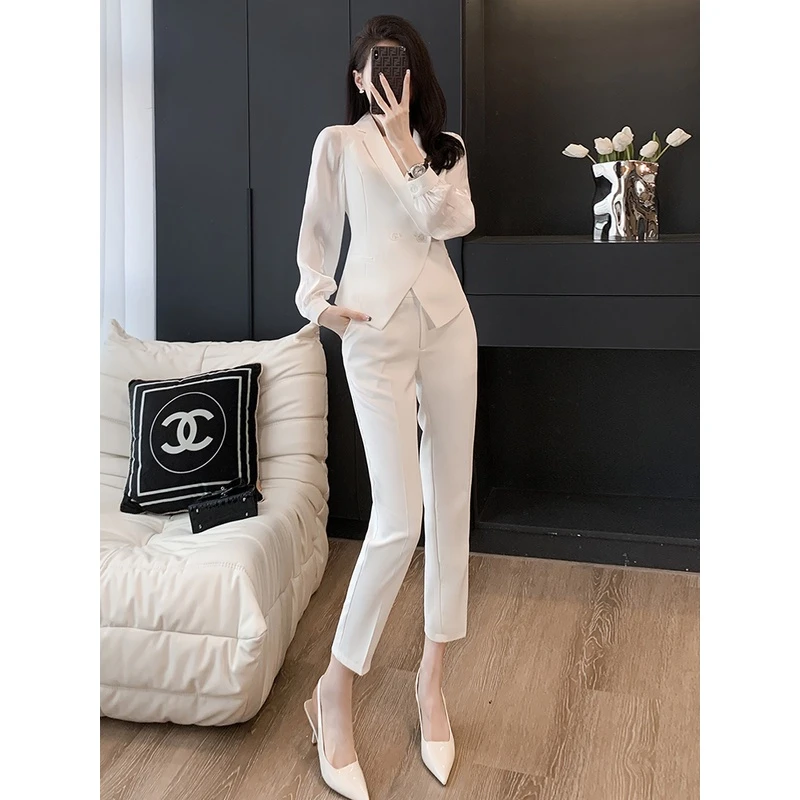 白色西装套装女装春秋高级感气质干练女神范洋气时尚职业装两件套