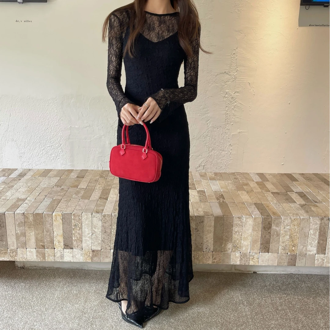 秋冬季法式高级感轻奢黑色长款连衣裙镂空性感礼服2件套