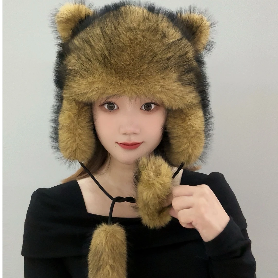 超萌小浣熊帽子女冬季护耳帽新款美洲仿貉子毛成人猫耳朵小狐狸帽