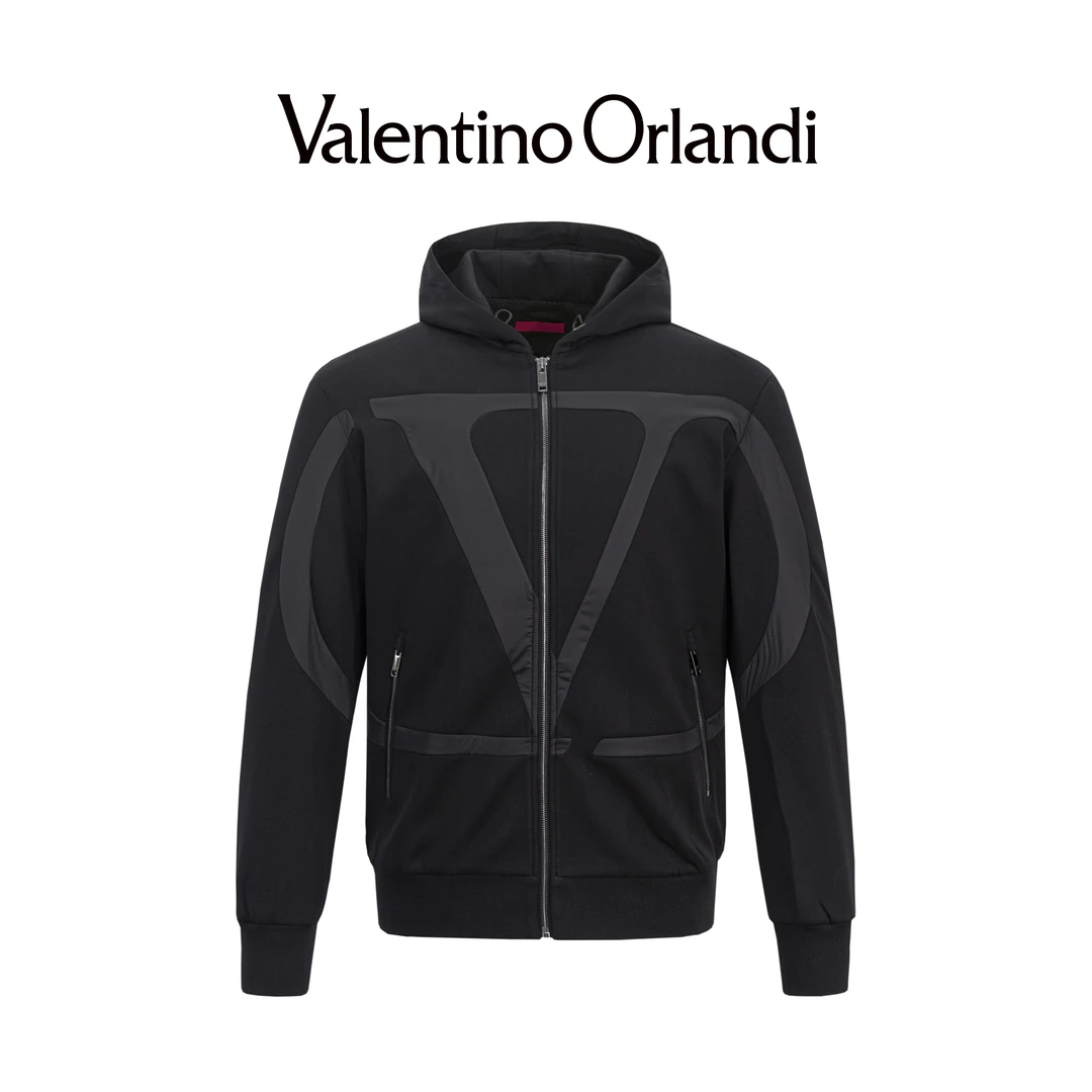 Valentino orlandi男士春秋B版时尚百搭暗纹大logo连帽夹克外套