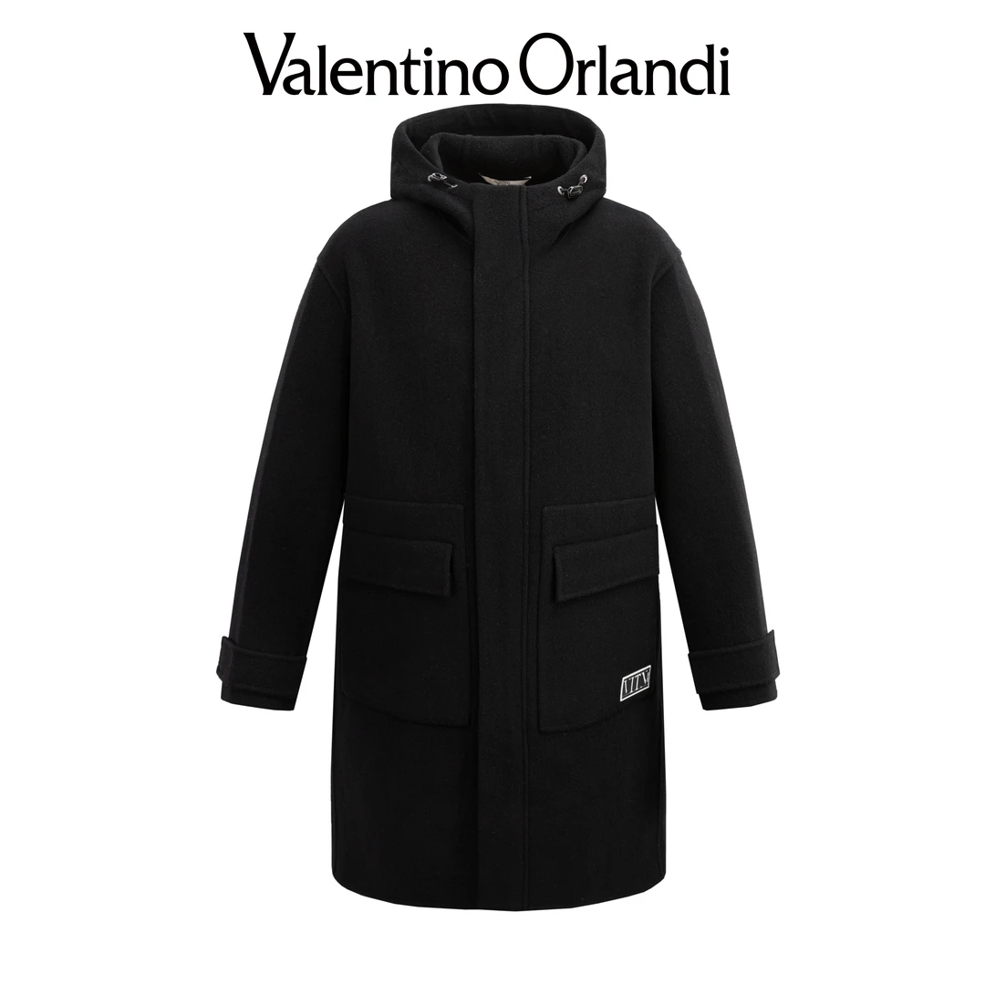 Valentino orlandi男士秋冬C版商务字母徽章连帽绵羊毛毛呢大衣
