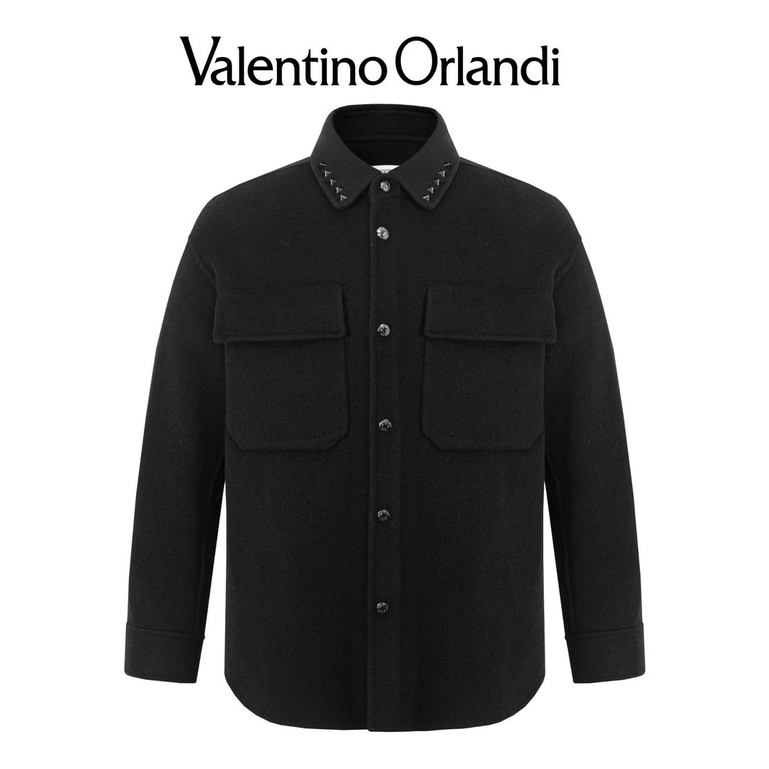 Valentino orlandi男士秋冬A版时尚金属铆钉绵羊毛毛呢外套大衣