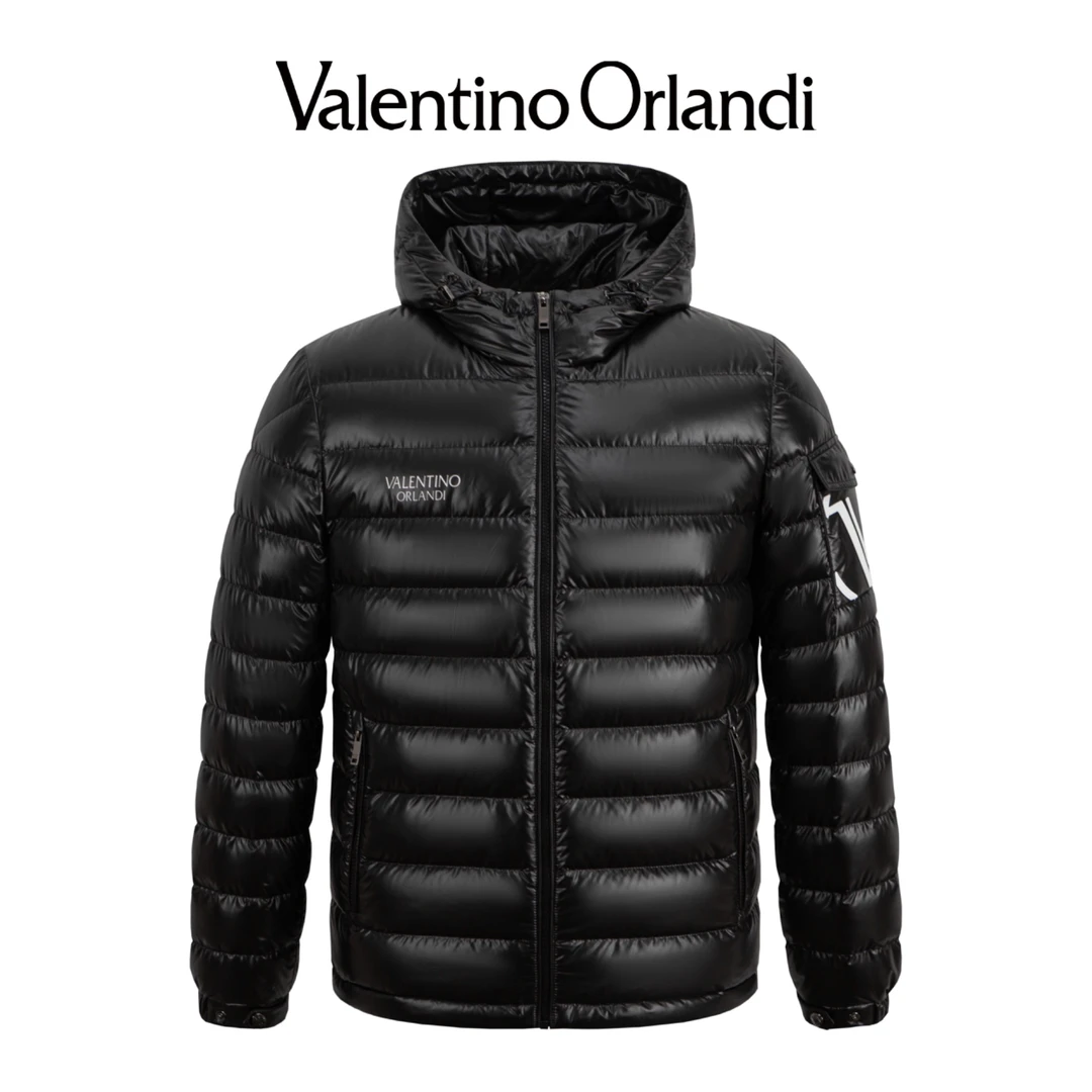 Valentino orlandi男士冬季B版时尚百搭皮质V标口袋连帽羽绒服