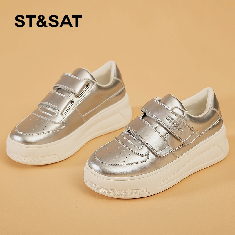 星期六银色板鞋休闲女鞋春季新款厚底小白鞋百搭韩版系带运动鞋女
