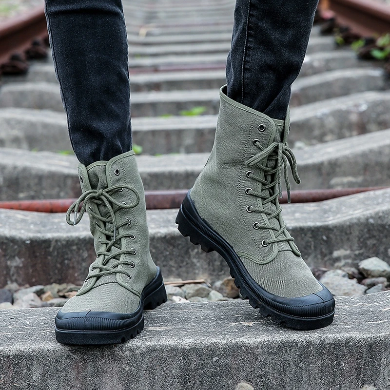 工装靴男鞋舌一体防土防尘沙漠靴宽版高帮帆布马丁靴户外登山鞋子