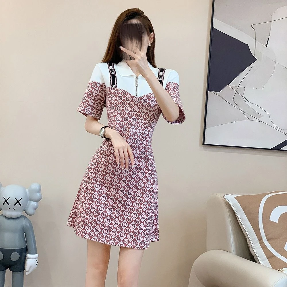 【粉丝专享】夏季女短袖拉链连衣裙修身显瘦polo领女翻领拼接裙673