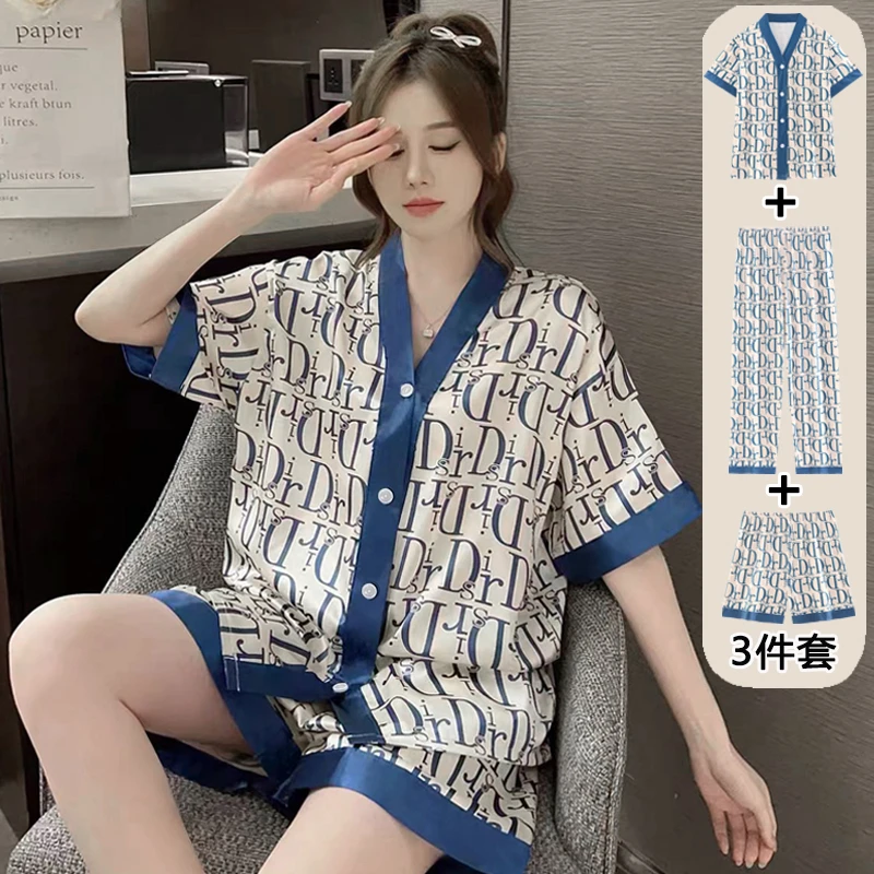 【粉丝专属】轻奢3件套睡衣女夏季开衫短袖短裤宽松家居服套装753