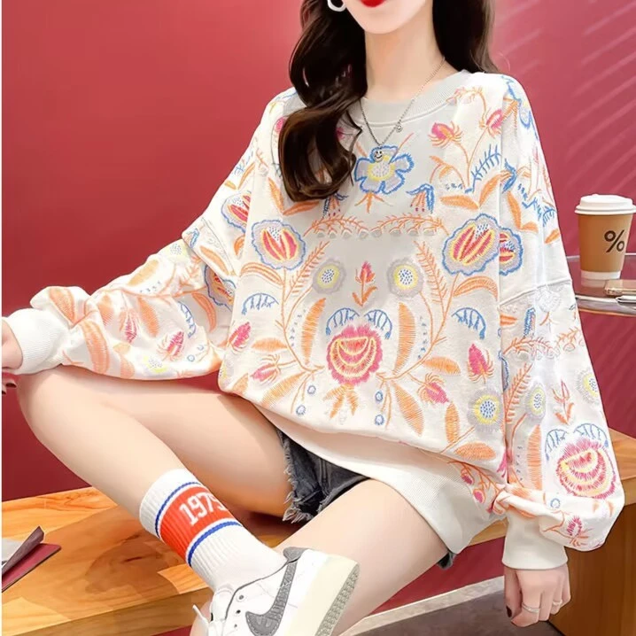 【粉丝专享】发泡卫衣女长袖春秋圆领轻熟风宽松洋气印花上衣133