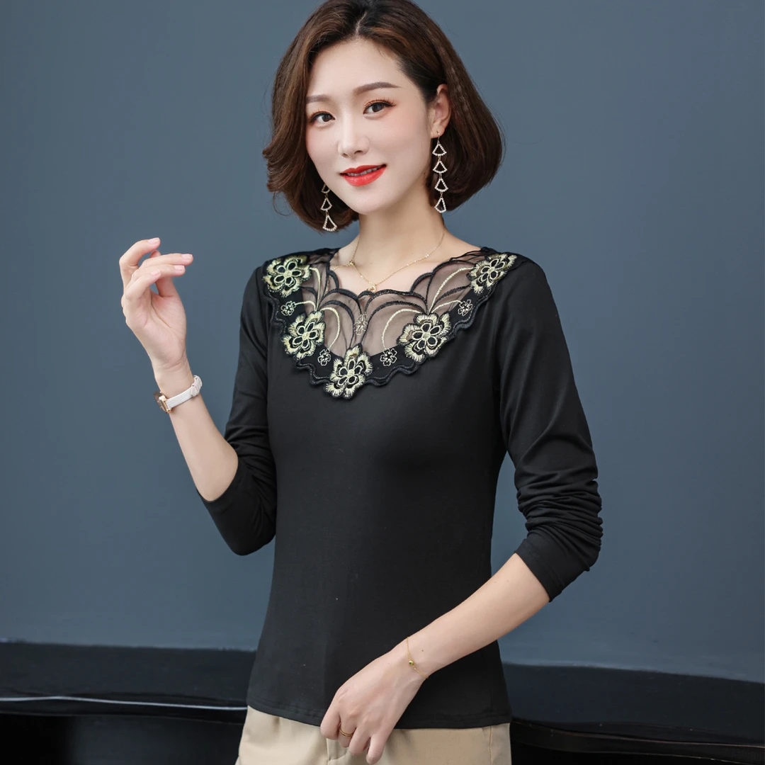 【宠粉专属】打底衫女春秋季款圆领蕾丝花边长袖百搭修身显瘦t恤154