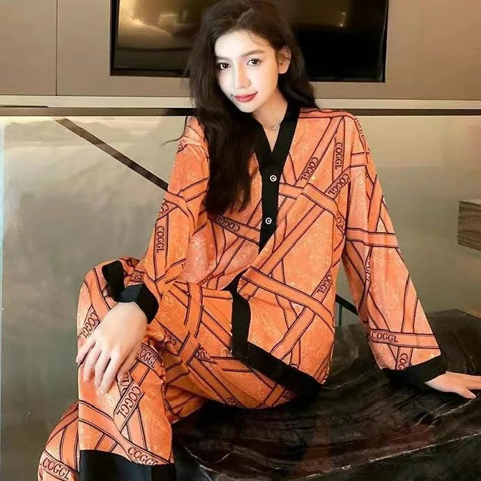 【粉丝专享】睡衣女春秋季开衫长袖长裤加大宽松轻奢家居服套装633