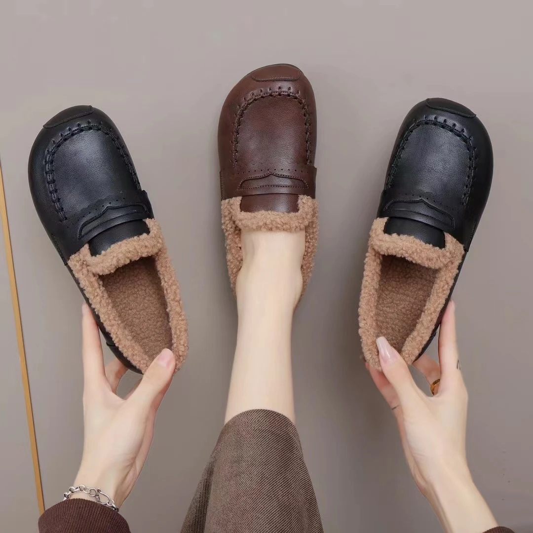 H-85冬季新款加绒保暖软皮休闲棉鞋