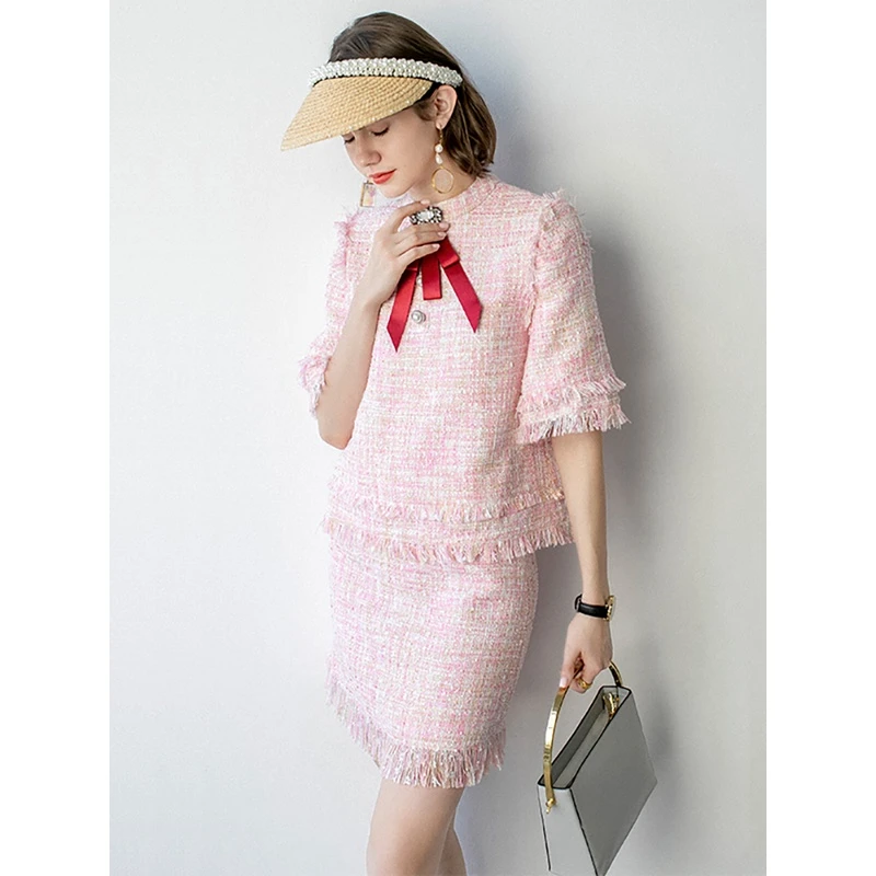 JADE SHADW/翡翠影原创粗花呢流苏半身短裙+镶钻蝴蝶结上衣S1129