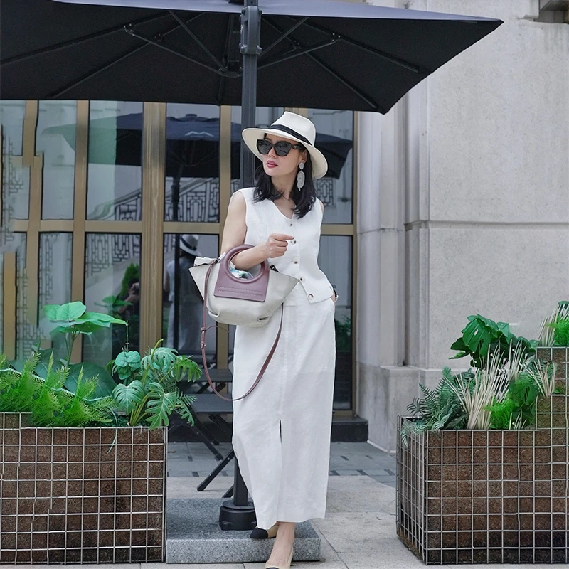 【两件套】100亚麻白色马甲半身裙套装品质女装百搭精品-S1467