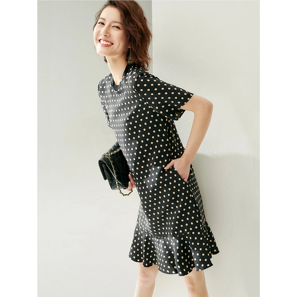 JADE SHADW/翡翠影原创设计30姆米重磅波点圆领真丝连衣裙T1200