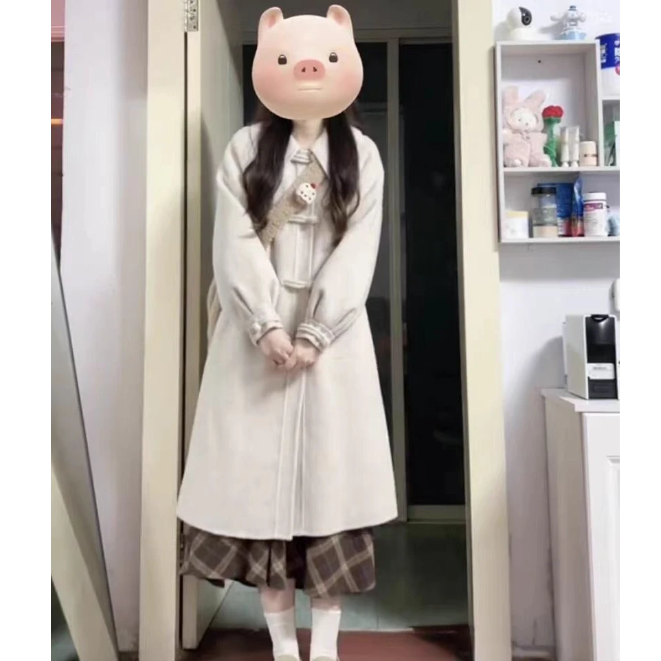 2024秋冬娃娃领中长款学院风呢子加厚韩系时尚气质复古盘扣女大衣
