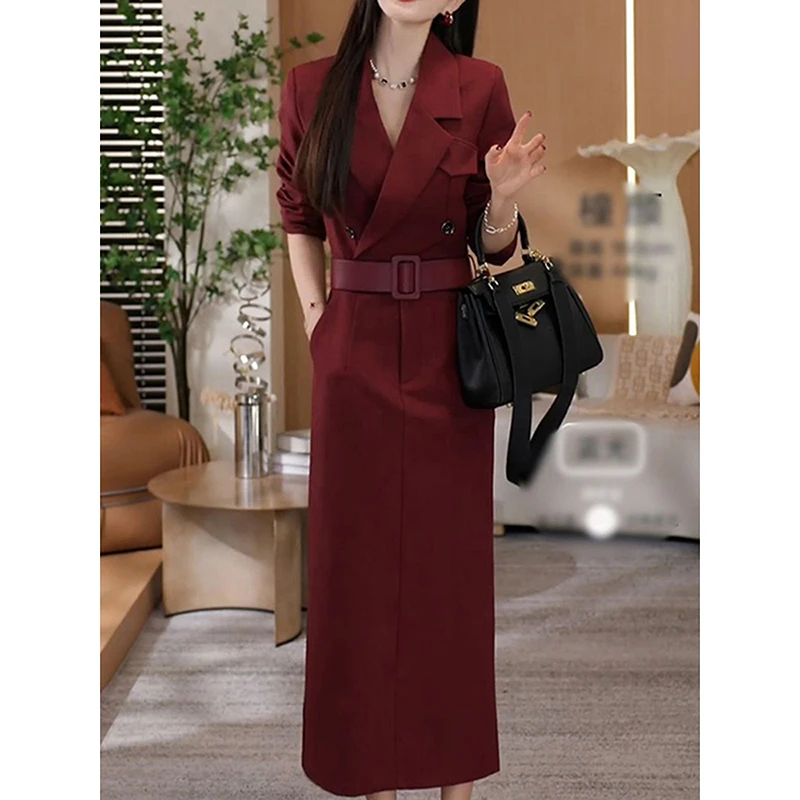 送腰带!时尚洋气纯色长袖连衣裙2025秋季新款通勤西装领显瘦A字裙