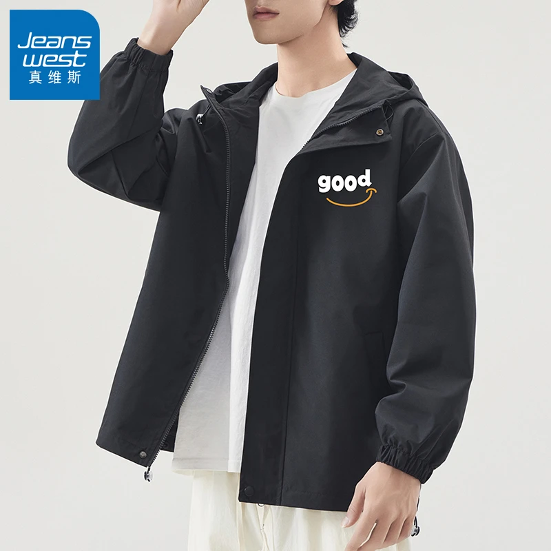 真维斯连帽夹克男士休闲运动户外情侣款外套百搭宽松潮流防风帅气