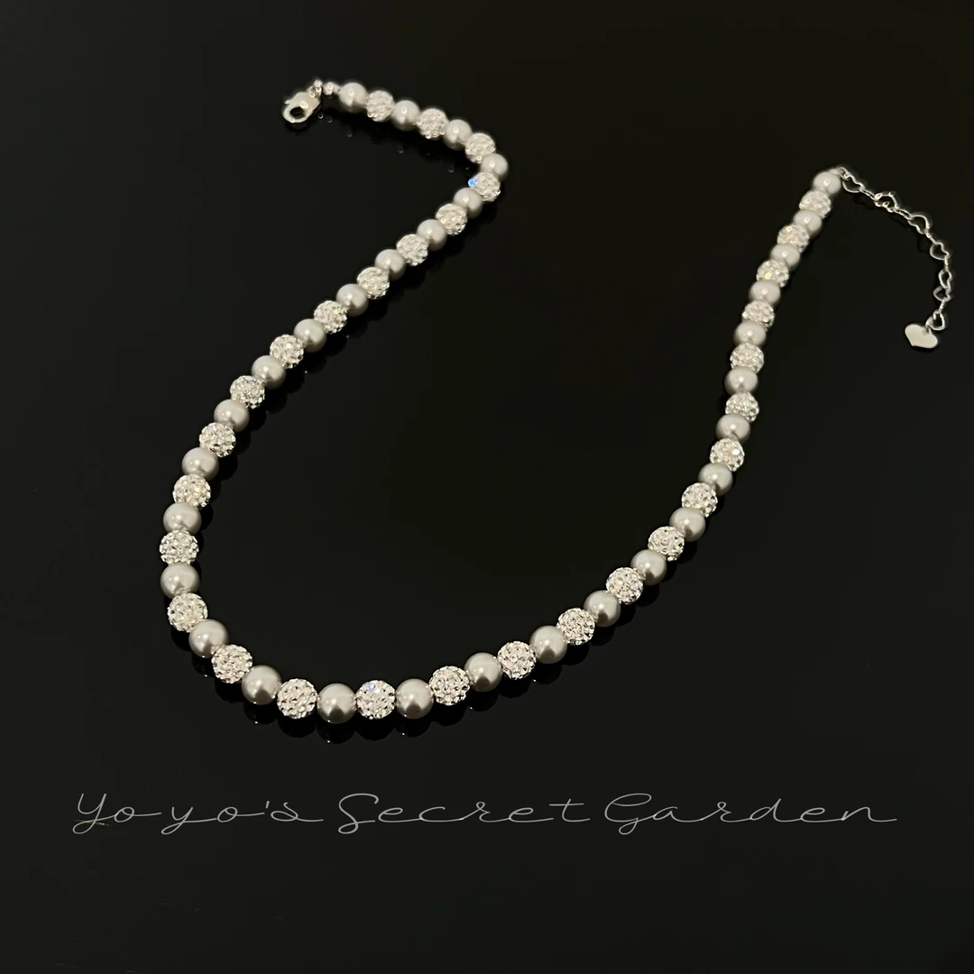 铜合金仿珍珠项链 闪亮AB串珠真多麻项链毛衣链时尚气质轻奢精致