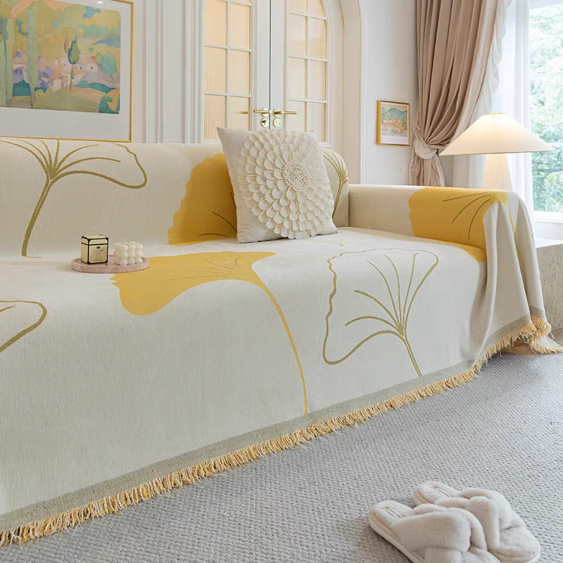 银杏叶防猫爪沙发巾现代简约沙发套罩四季通用靠背盖布