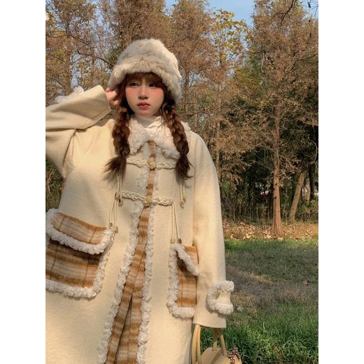 秋冬新品格纹拼接奶杏色毛呢大衣小众百搭外套甜美气质设计感套装