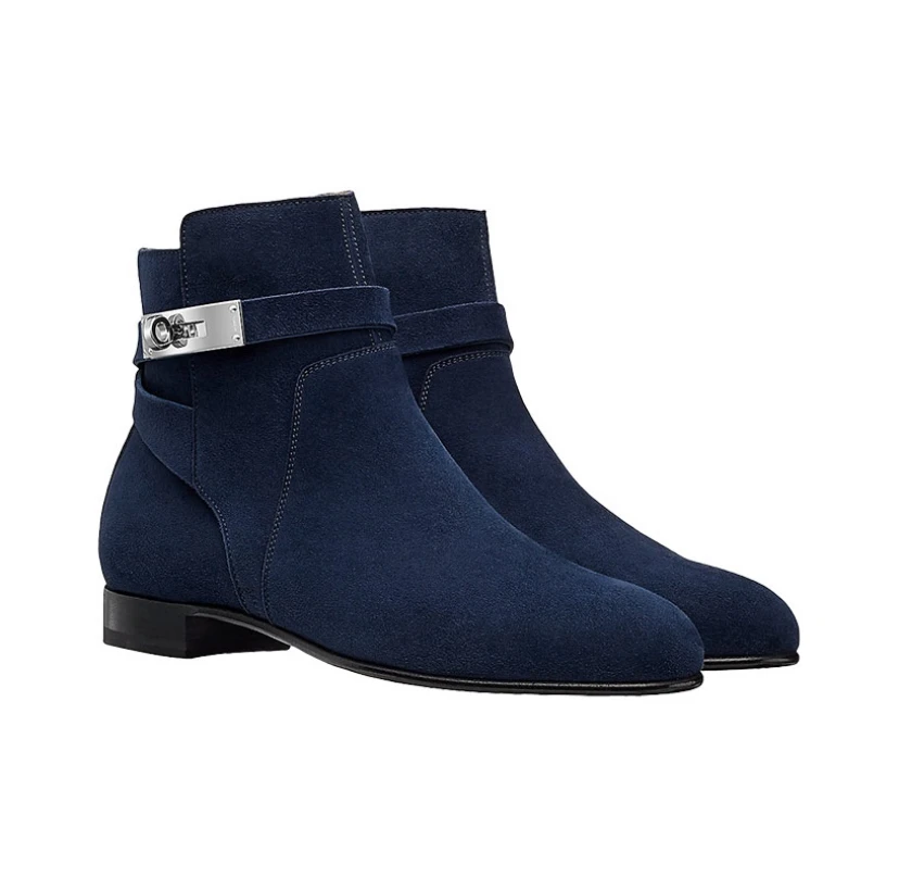 未使用 Hermes/爱马仕 麂皮kelly扣深海蓝及踝靴36.5码