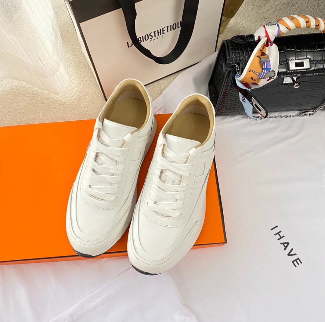 全新未使用 Hermes/爱马仕 白色全皮运动鞋37.5码