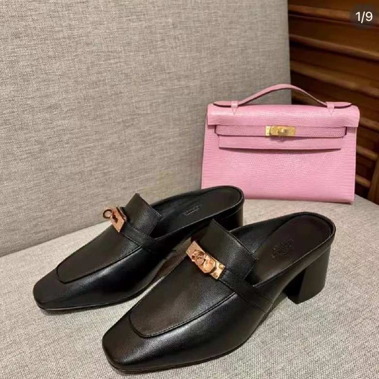 99新 Hermes/爱马仕 黑色穆勒粗跟/38.5码