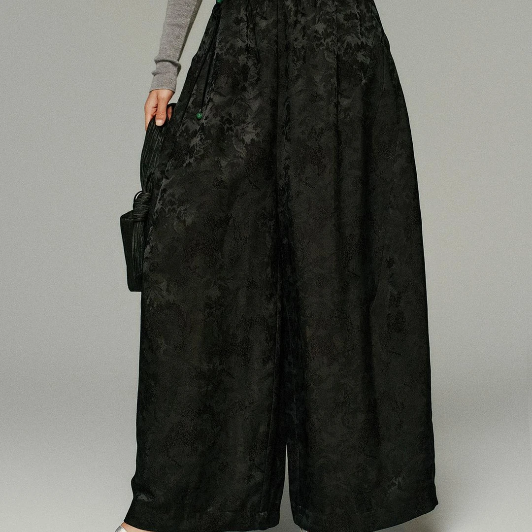 小虫【墨韵】重磅凉感暗提花viscose松紧高瘦腰阔腿裤-T24QKZ103