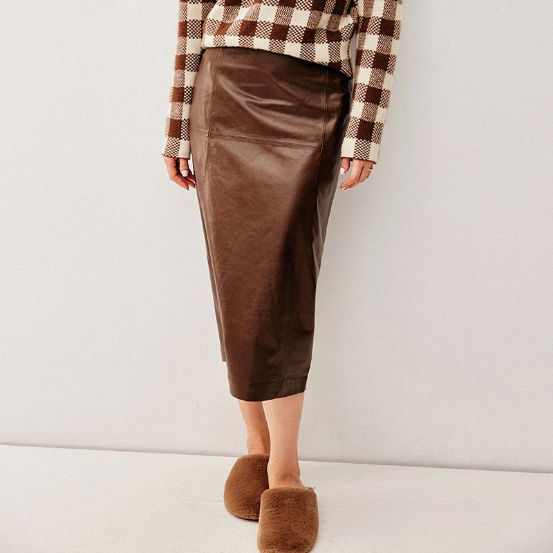 小虫 髙端奢品绵羊皮摩登复古气质直身裙H型半身裙-TE3DPQ001