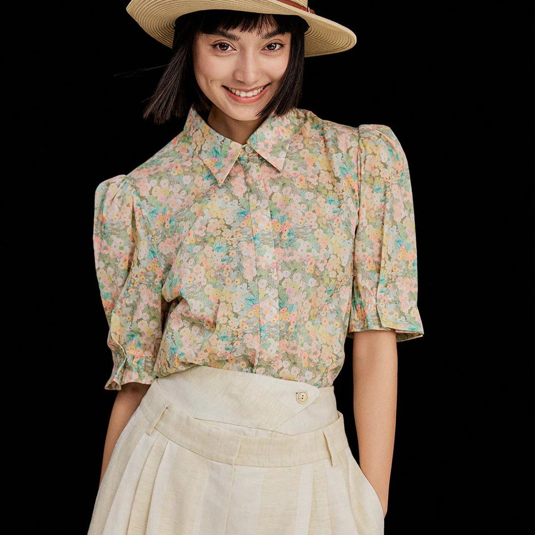 小虫英国Liberty佰年印花塔纳棉田园风花苞袖翻领衬衫-TE4CCS055