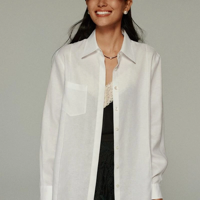 小虫简约慵懒休闲风宽松版抗皱挺括翻领开衫衬衫女-T24QCS008