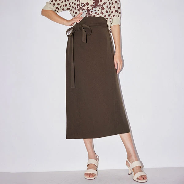 小虫气质半身裙女时尚复古显瘦高腰绑带直筒中长裙开叉-TE3XBQ020