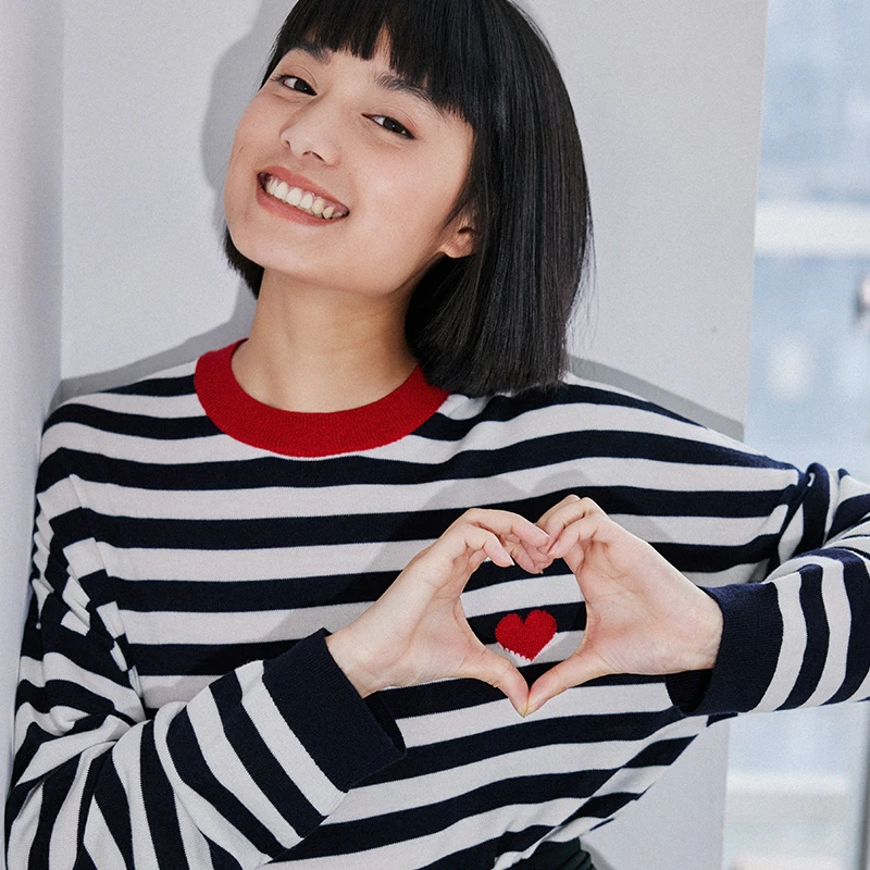 小虫獨家定纺德国扬子纱线条纹套头宽松针织衫毛衣女-TE3CMZ065