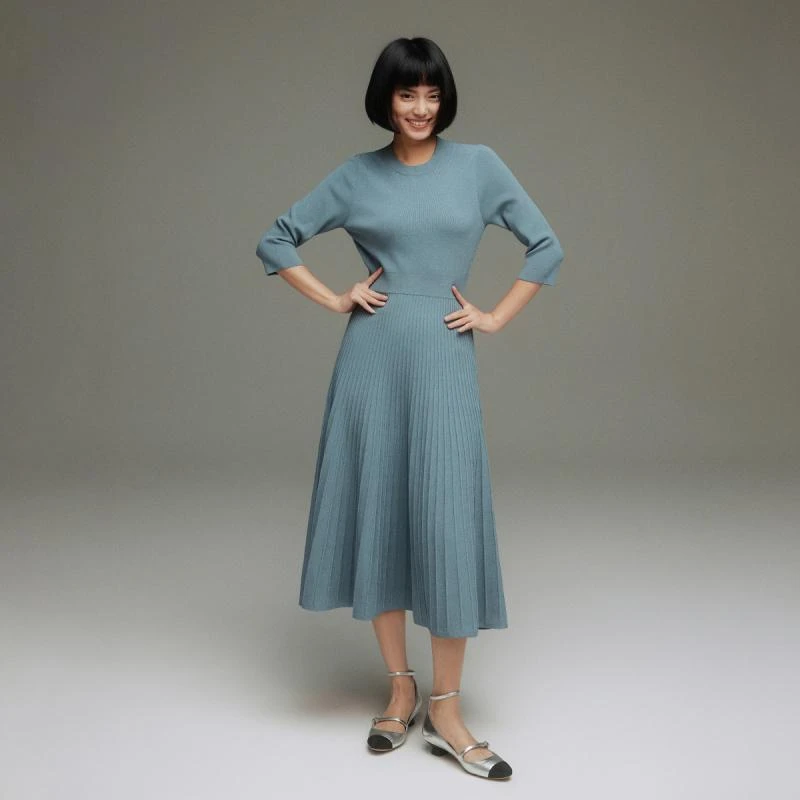 小虫王簰针织天橪凉感会呼吸的面料七分袖细密连衣裙-TE3QML010